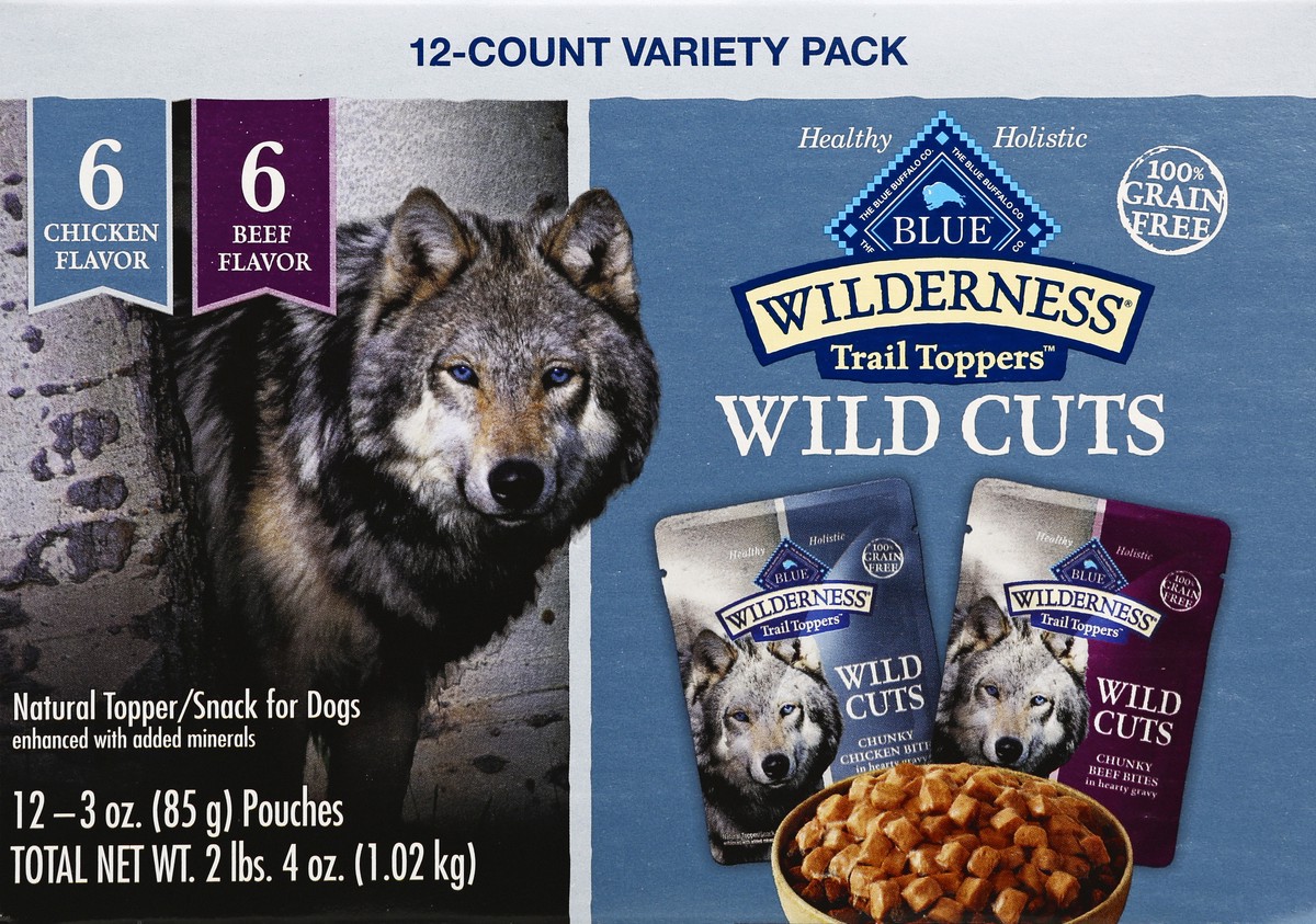 slide 7 of 9, Blue Buffalo Blue Wilderness Trail Toppers Wild Cuts Variety Pack Chicken and Beef, 12 ct