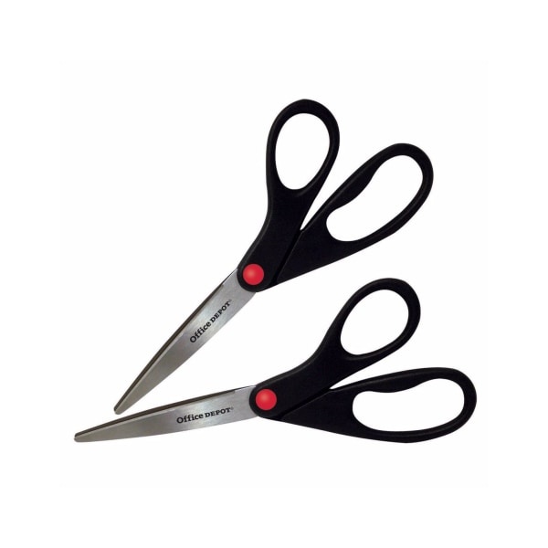 slide 1 of 1, Office Depot Scissors, 8'', Straight, Black, Pack Of 2, 2 ct