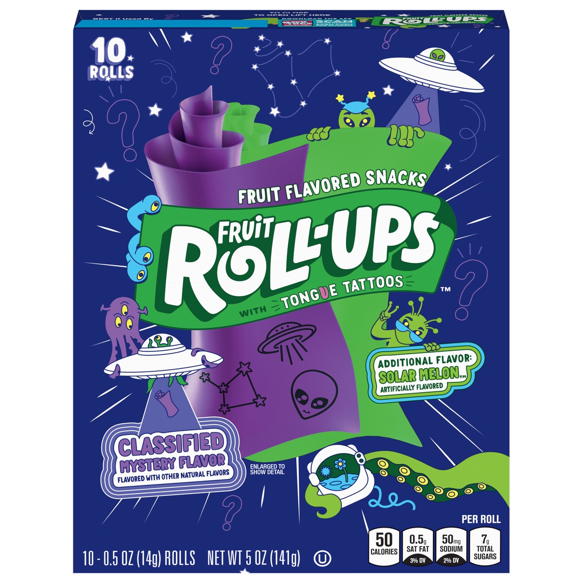 slide 1 of 10, Fruit Roll-Ups Fruit Flavored Snacks, Mystery Flavor and Solar Melon, 10 ct, 10 ct