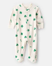 Carters Baby St. Patrick's Day 100% Cotton Snug Fit 2-Way Zip Sleep & Play Pajamas - Ivory Cream 3M