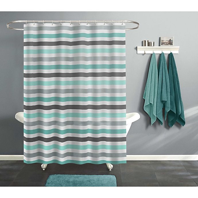 slide 1 of 4, India Ink Cabana Stripe Shower Curtain - Aqua/Grey, 70 in x 72 in