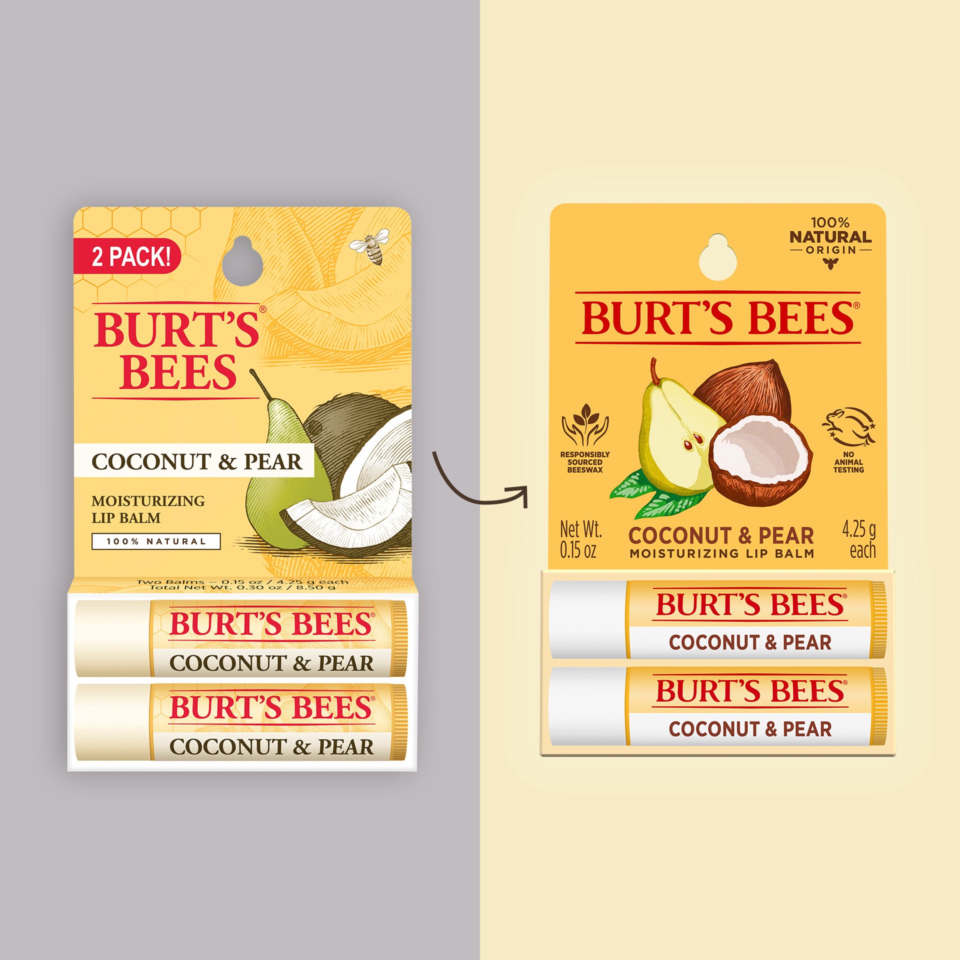 slide 3 of 5, Burt's Bees 100% Natural Moisturizing Lip Balm, Coconut & Pear, 2 Tubes in Blister Box, 0.3 oz