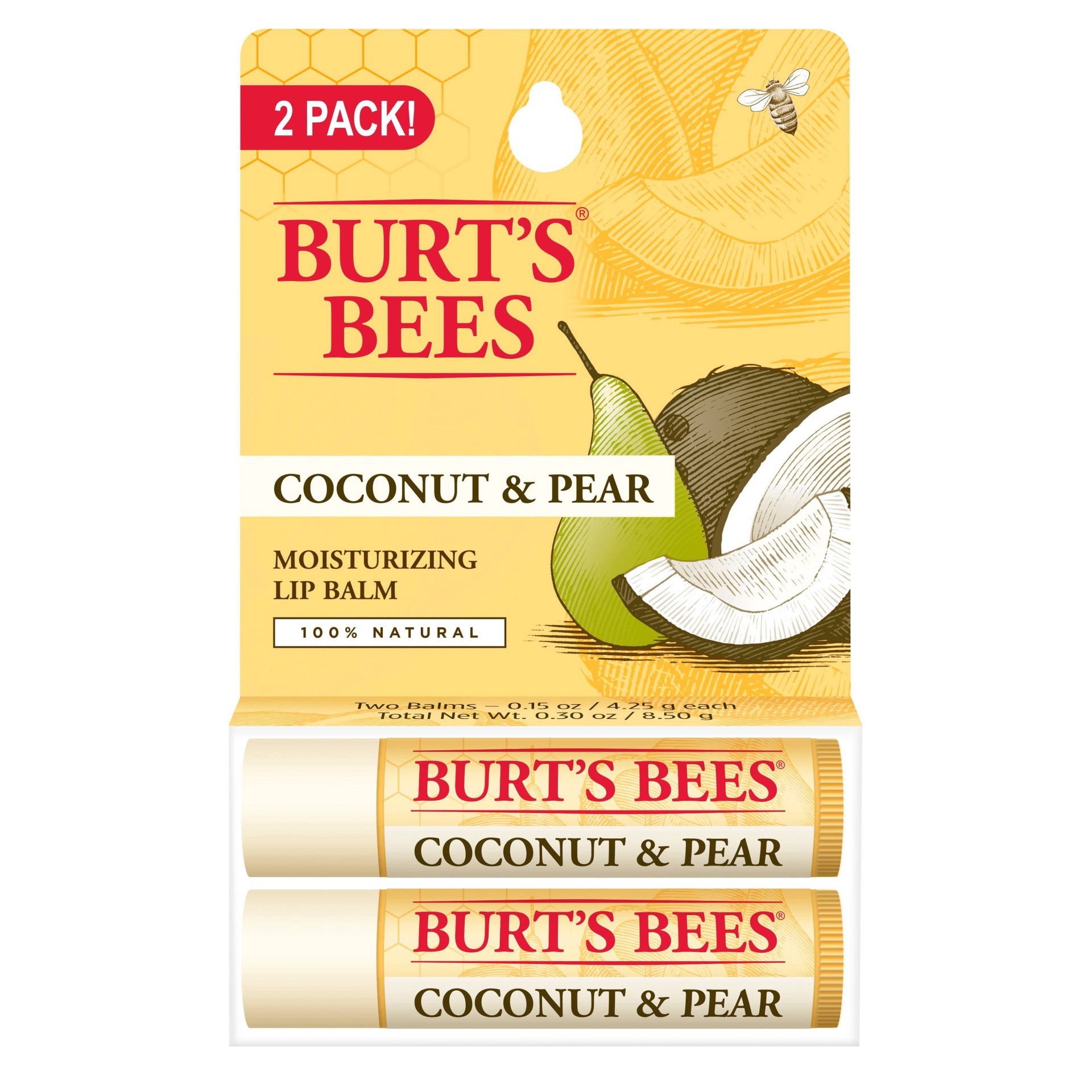 slide 1 of 5, Burt's Bees 100% Natural Moisturizing Lip Balm, Coconut & Pear, 2 Tubes in Blister Box, 0.3 oz