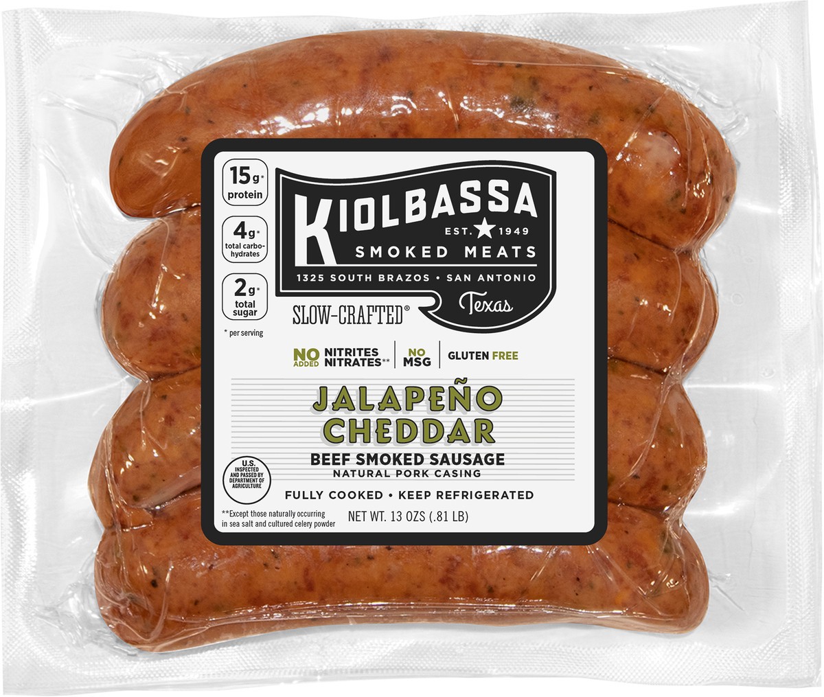 slide 5 of 6, Kiolbassa Jalapeño Cheddar Smoked Sausage, 12 oz