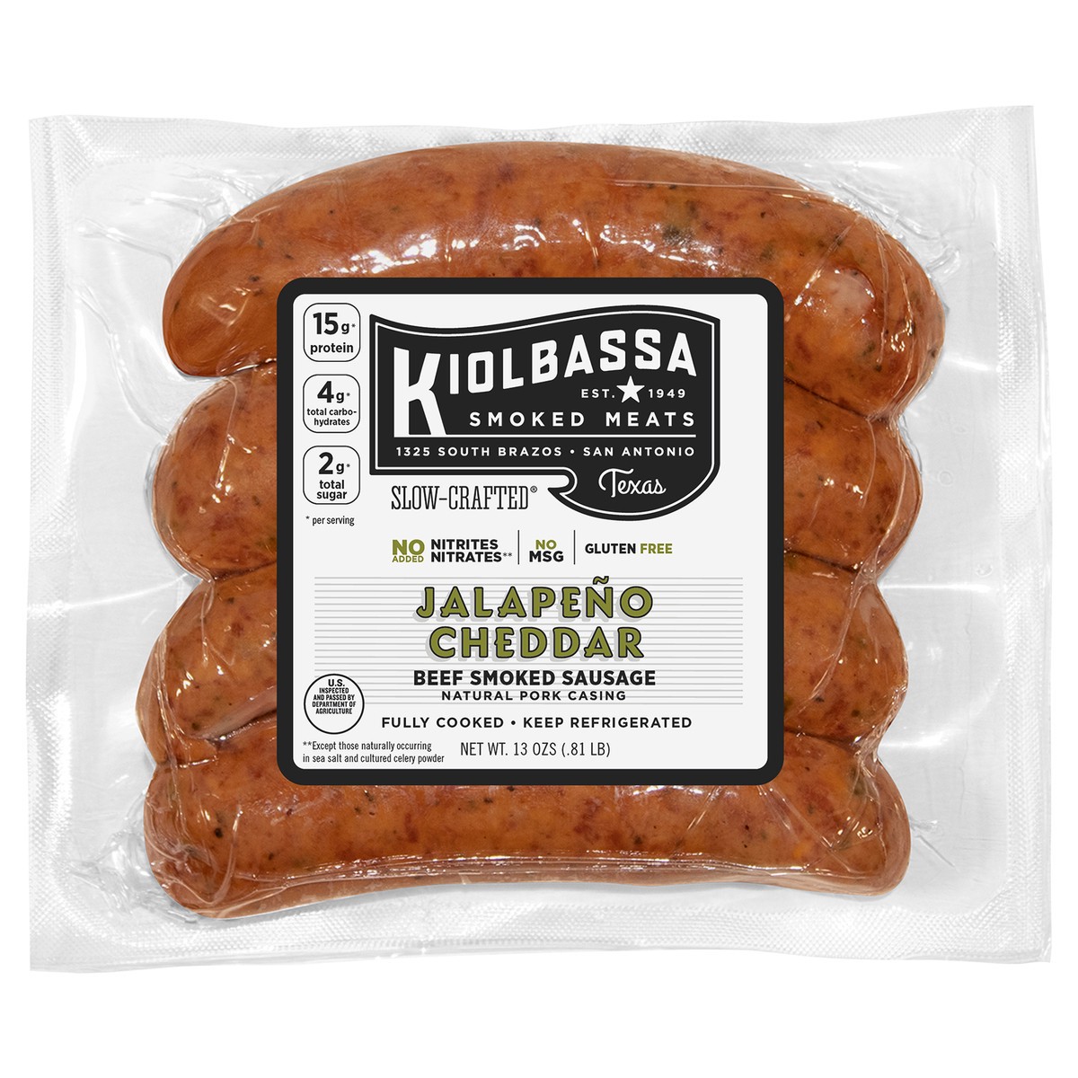 slide 3 of 6, Kiolbassa Jalapeño Cheddar Smoked Sausage, 12 oz