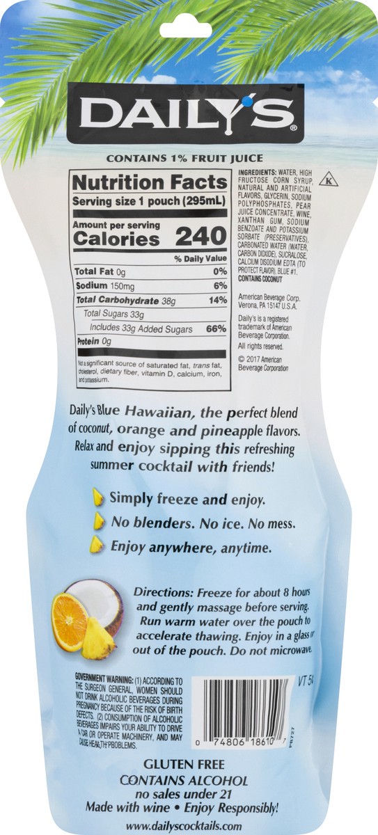 slide 11 of 13, Daily's Blue Hawaiian Ready to Drink Frozen Cocktail, 10 FL OZ Pouch, 10 fl oz