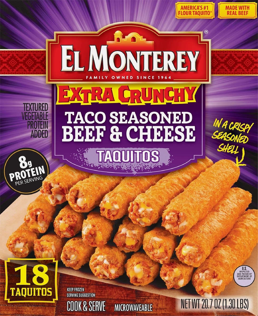 slide 4 of 7, El Monterey Extra Crunchy Taco Seasoned Beef & Cheese Taquitos 18ct, 20.7oz (Frozen), 18 ct