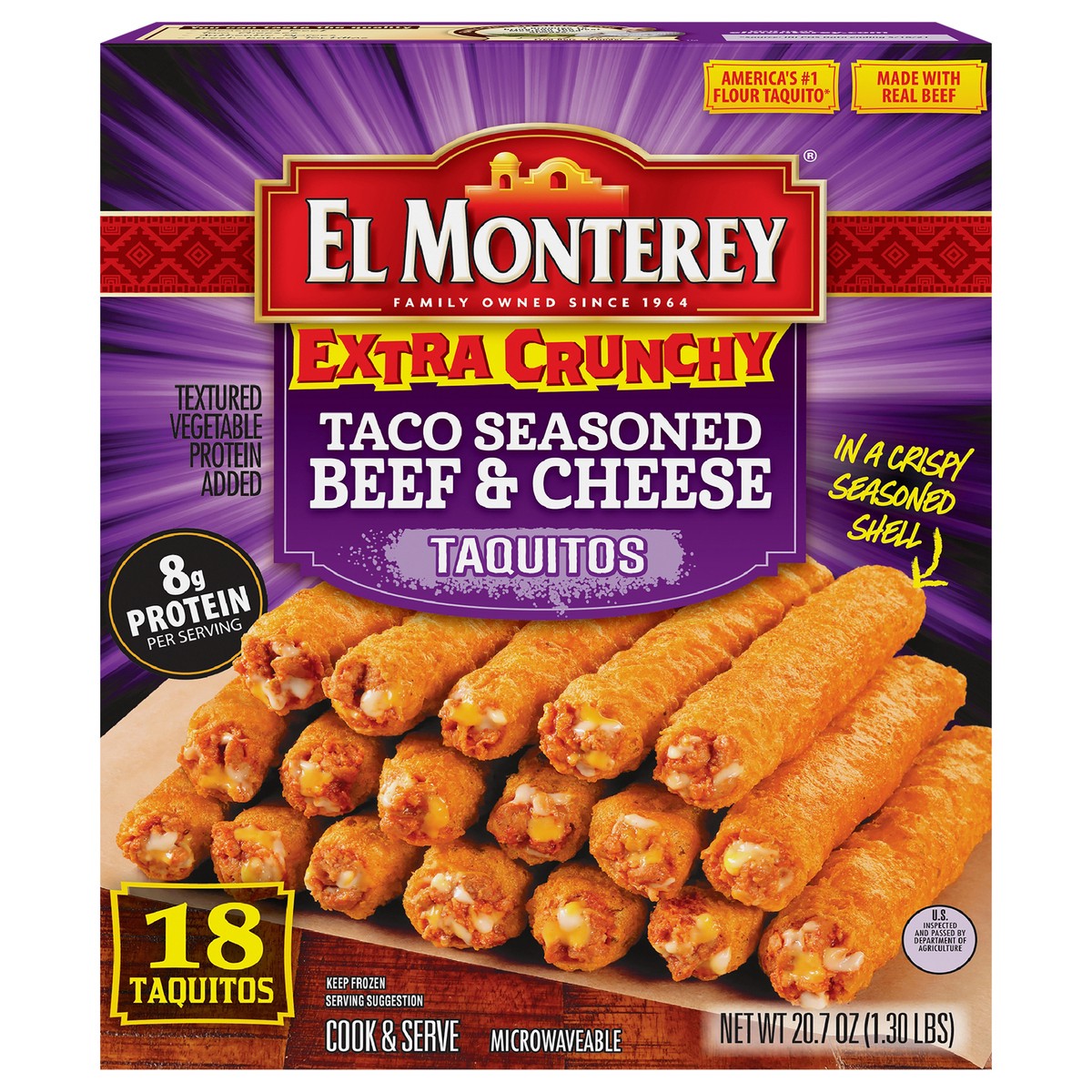 slide 1 of 7, El Monterey Extra Crunchy Taco Seasoned Beef & Cheese Taquitos 18ct, 20.7oz (Frozen), 18 ct
