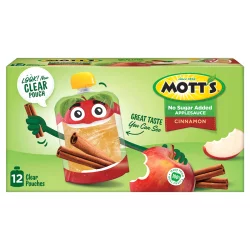Mott's No Sugar Added Cinnamon Applesauce, 3.2 oz clear pouches, 12 pack