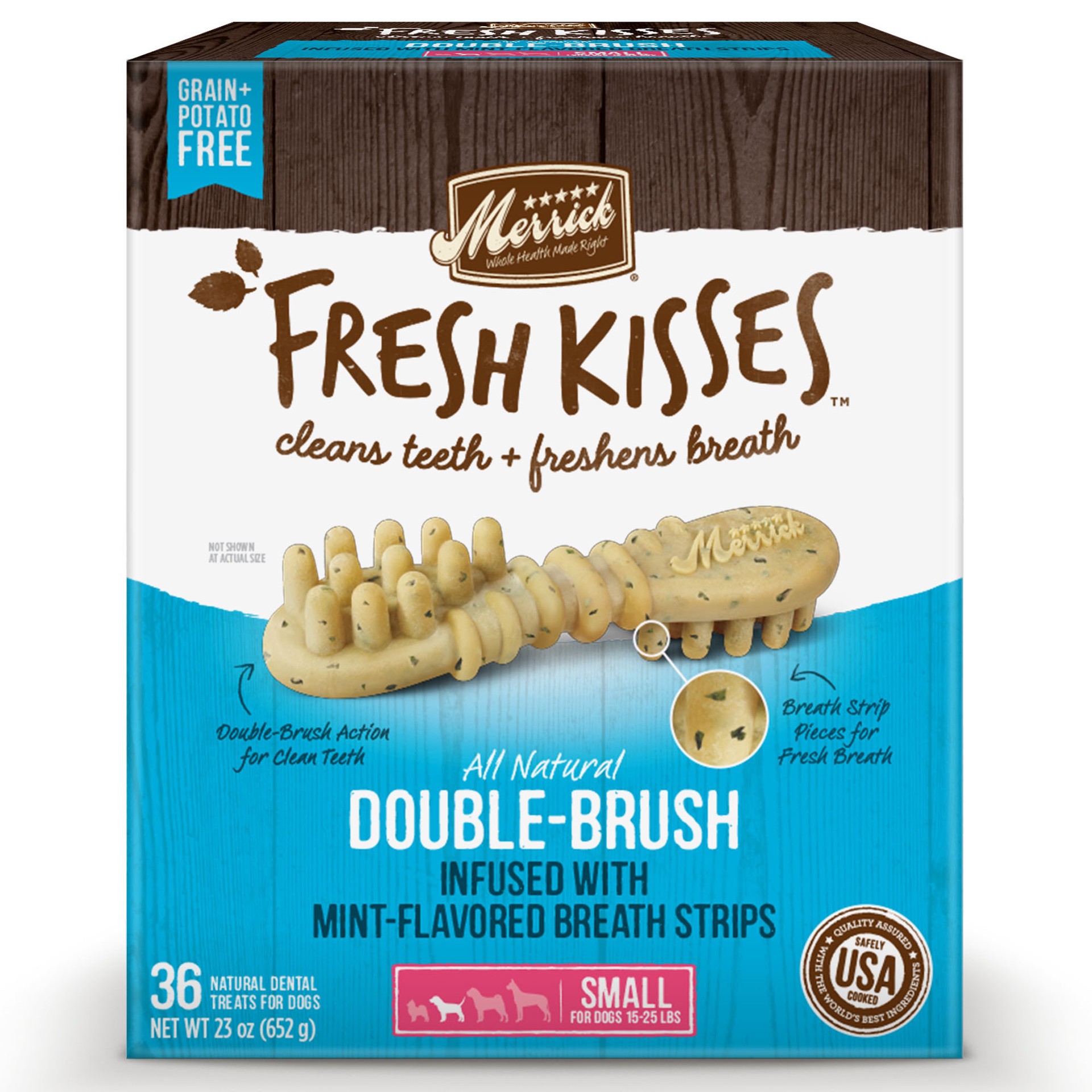 slide 3 of 6, Merrick Fresh Kisses Double-Brush Dental Dog Treats With Mint Breath Strips For Small Breeds - 23 oz Box with 36 Brushes, 23 oz