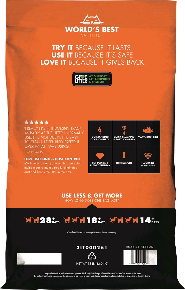 slide 2 of 7, World's Best Cat Litter World’s Best Cat Litter Low Tracking & Dust Control Multiple Cat Unscented, 15 lb, 15 lb