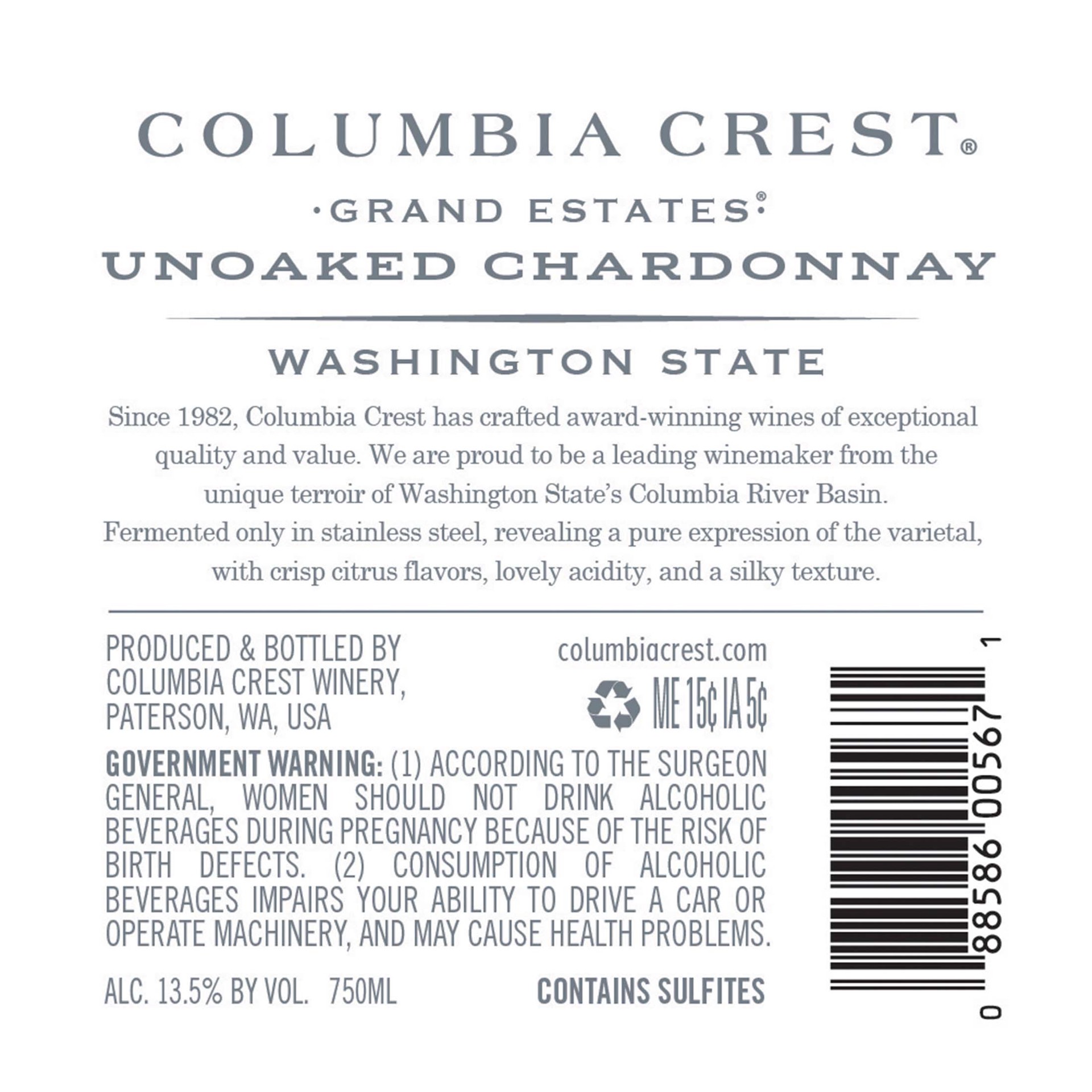 slide 4 of 7, Columbia Crest Grand Estates Unoaked Chardonnay, White Wine, 750 mL Bottle, 750 ml