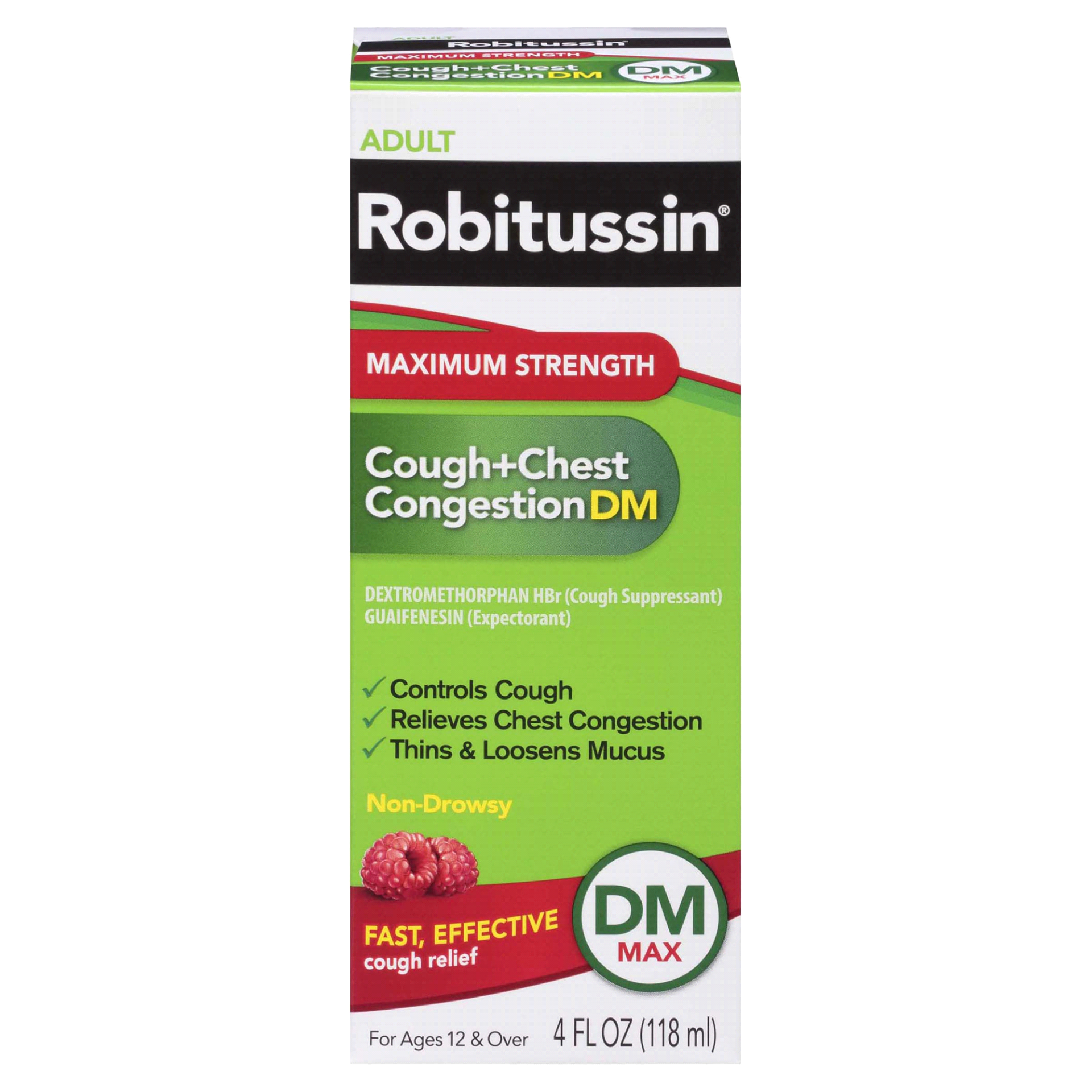 slide 1 of 1, Robitussin Adult Maximum Strength Cough + Chest Congestion Bottle, Raspberry Flavor, 4 fl oz