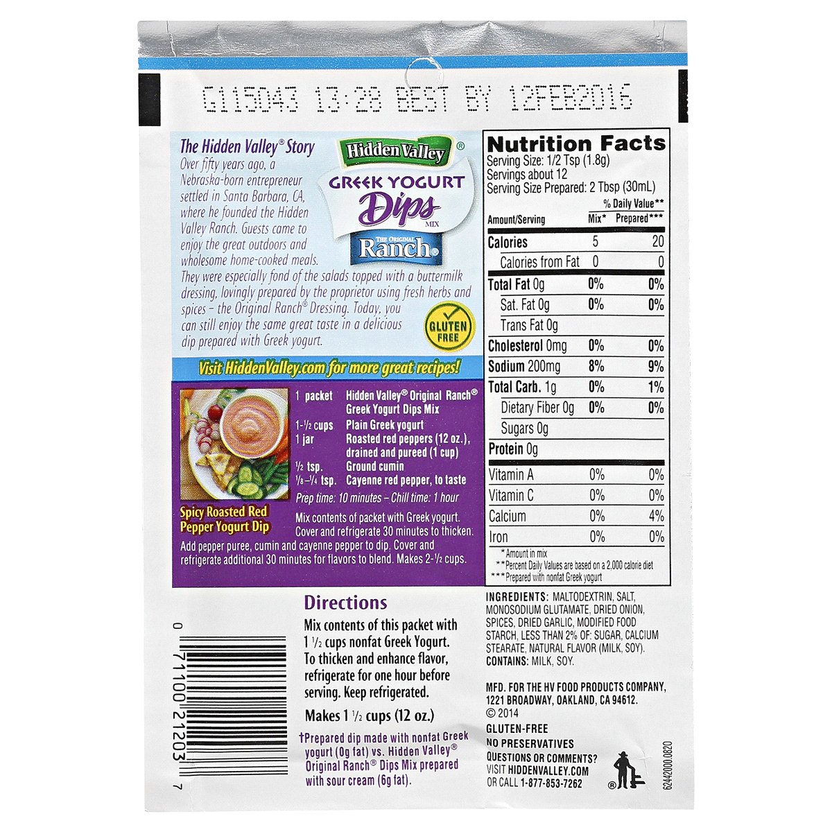 slide 2 of 2, Hidden Valley Greek Yogurt Original Ranch Dips Mix, Gluten Free - 1 Packet, 0.74 oz