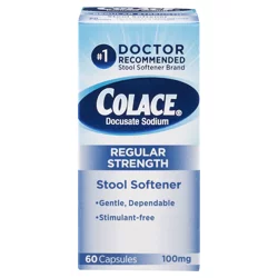 Colace Regular Strength Stimulant-Free Stool Softener 100mg, Docusate Sodium Laxative for Safe Occasional Constipation Relief, Cramp-Free, Irregularity Treatment for Adults & Children 2+, 60 Capsules