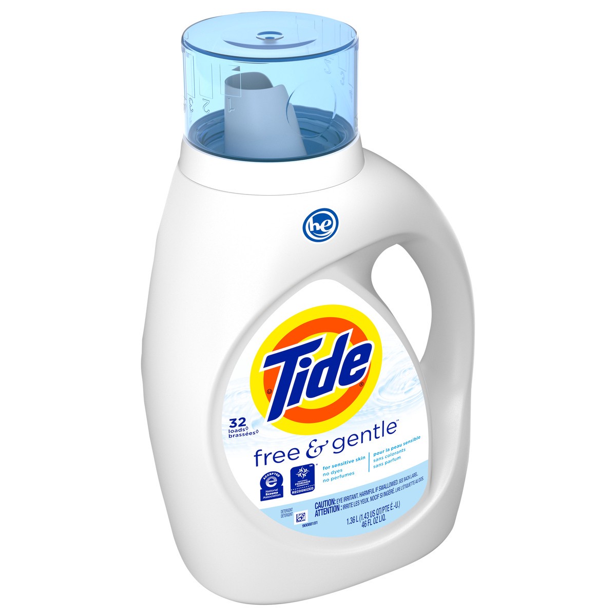 slide 2 of 4, Tide Free & Gentle Liquid Laundry Detergent, 32 loads 46 fl oz, HE Compatible, 46 fl oz