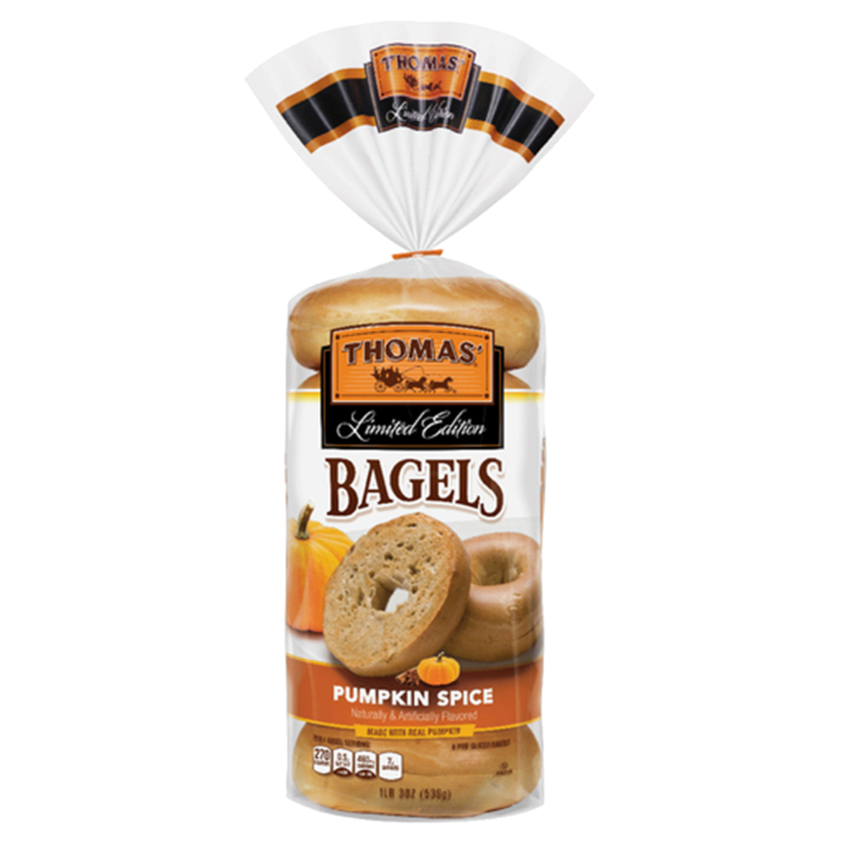 slide 1 of 6, Thomas' Limited Edition Pumpkin Spice Bagels, Made with Real Pumpkin, 6 pack, 19 oz, 6 ct