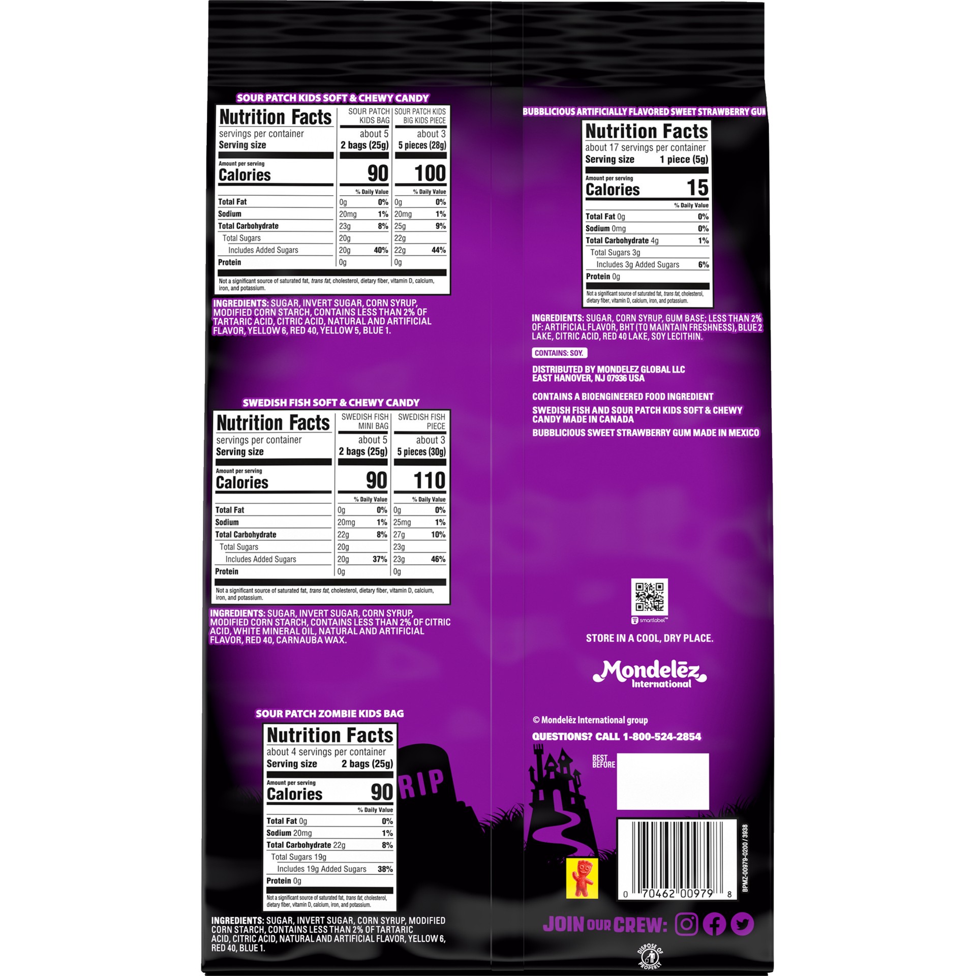 slide 5 of 5, Mixed Brand SOUR PATCH KIDS Original, Big Kids & Zombie, SWEDISH FISH & Bubblicious Strawberry Gum Halloween Candy Variety Pack, 75 Trick or Treat Bags, 21.44 oz