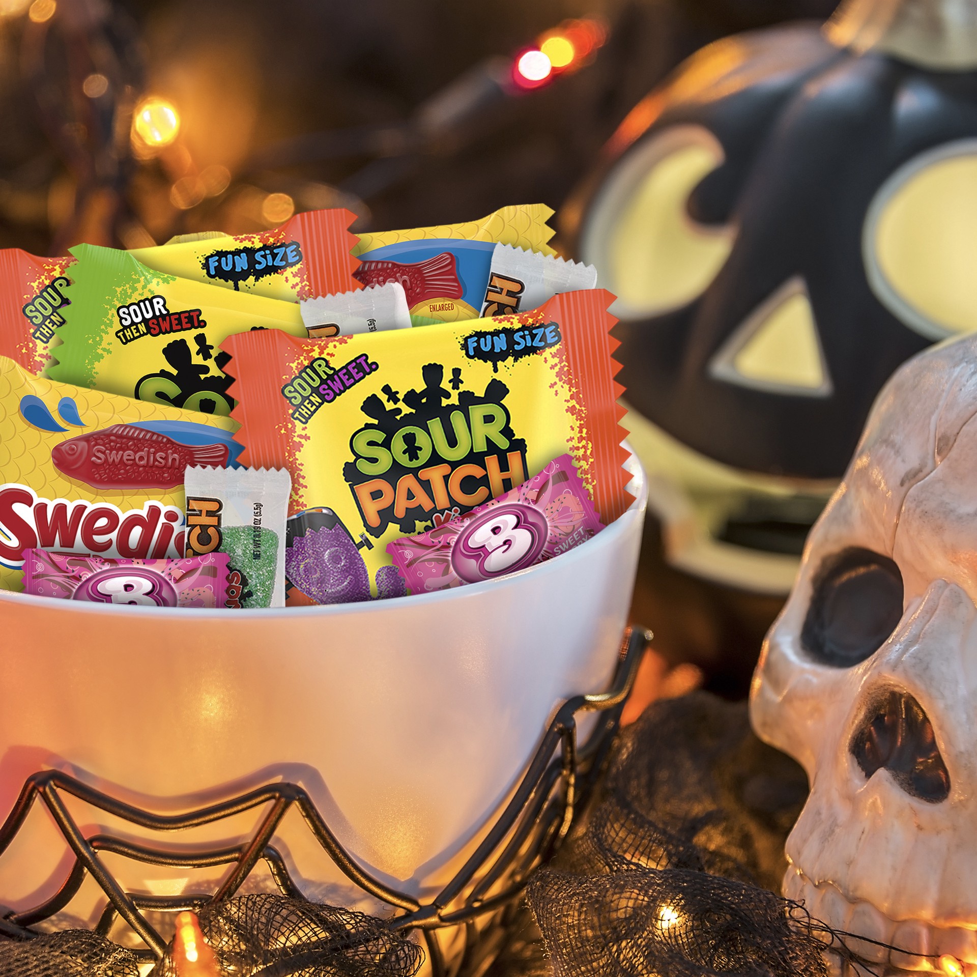 slide 3 of 5, Mixed Brand SOUR PATCH KIDS Original, Big Kids & Zombie, SWEDISH FISH & Bubblicious Strawberry Gum Halloween Candy Variety Pack, 75 Trick or Treat Bags, 21.44 oz