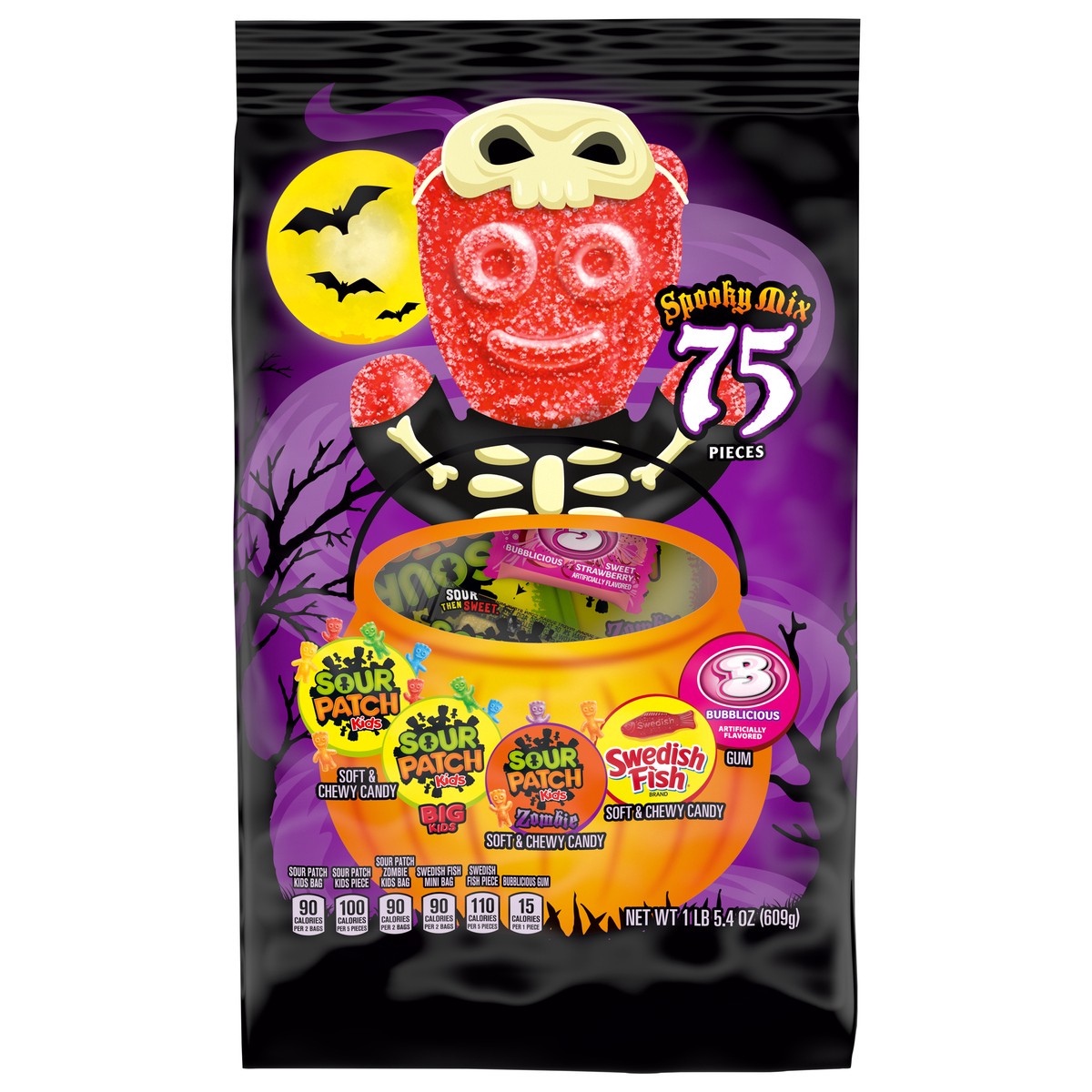 slide 1 of 5, Mixed Brand SOUR PATCH KIDS Original, Big Kids & Zombie, SWEDISH FISH & Bubblicious Strawberry Gum Halloween Candy Variety Pack, 75 Trick or Treat Bags, 21.44 oz