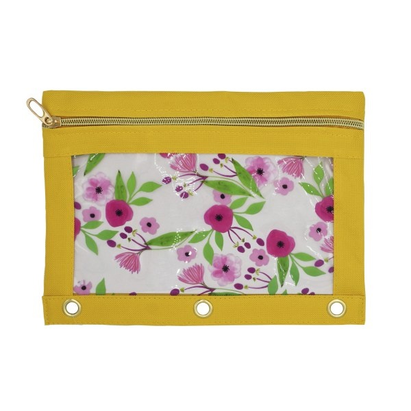 slide 1 of 1, Office Depot Brand 3-Ring Clear Fashion Pencil Pouch, 7-1/2'' X 10'', Yellow Floral, 1 ct