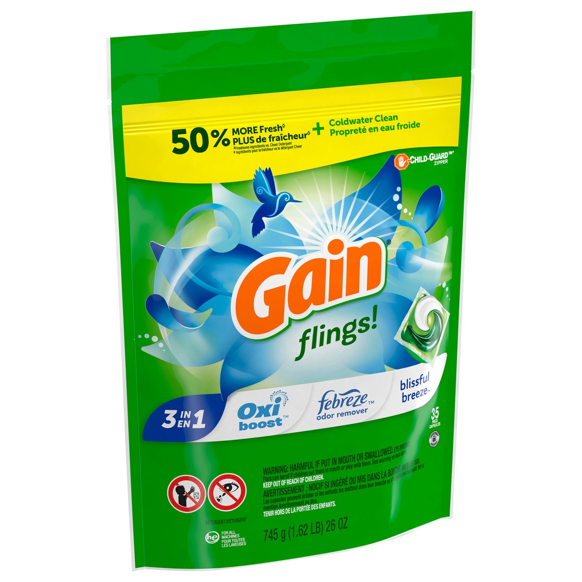 slide 2 of 4, Gain flings! Liquid Laundry Detergent Soap Pacs, HE Compatible, 35 Count, Long Lasting Scent, Blissful Breeze Scent, 35 ct