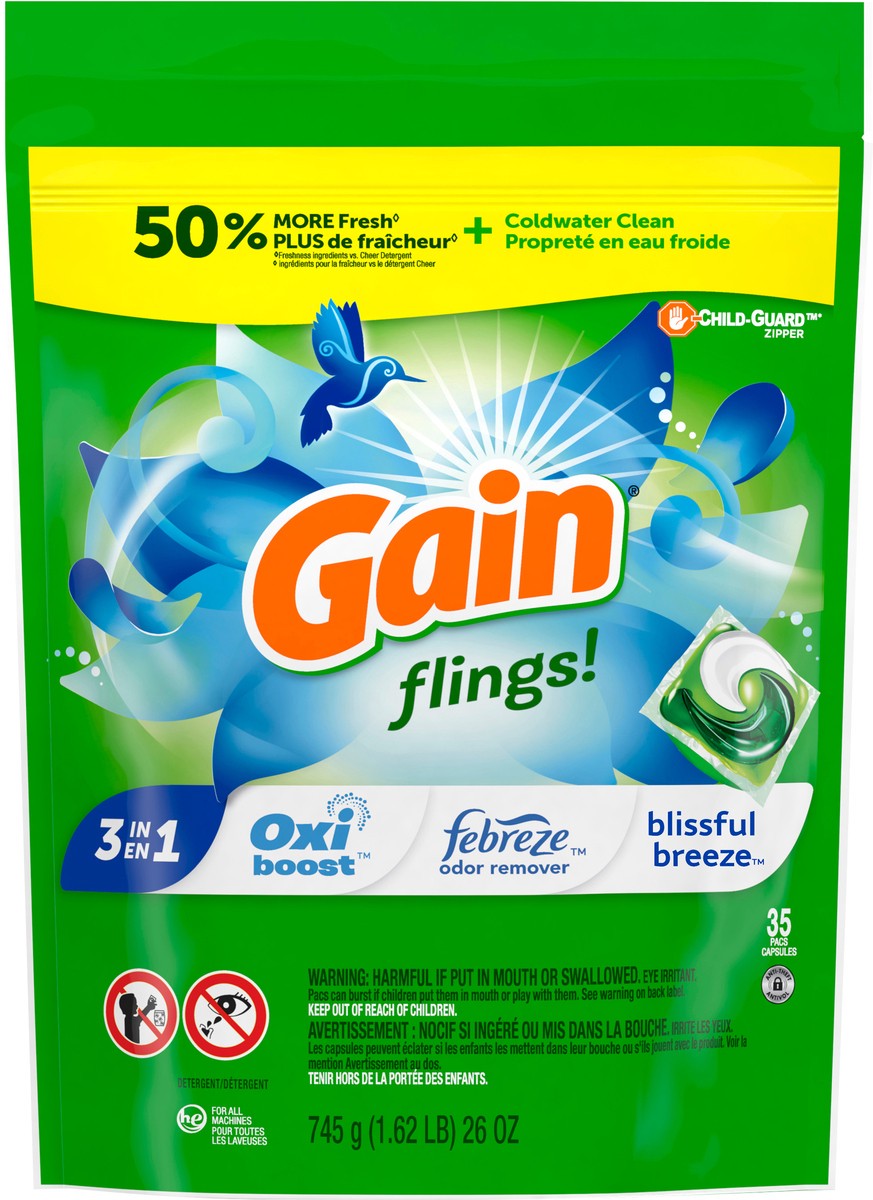 slide 4 of 4, Gain flings! Liquid Laundry Detergent Soap Pacs, HE Compatible, 35 Count, Long Lasting Scent, Blissful Breeze Scent, 35 ct