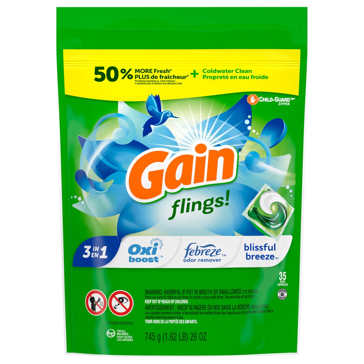 slide 1 of 4, Gain flings! Liquid Laundry Detergent Soap Pacs, HE Compatible, 35 Count, Long Lasting Scent, Blissful Breeze Scent, 35 ct