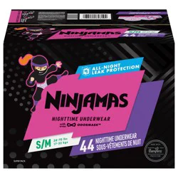 Ninjamas Girls Bedwetting Nighttime Underwear, Size S/M (38-70 lbs), 44 Count