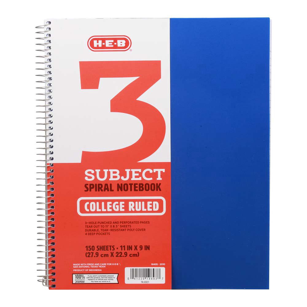 slide 1 of 1, H-E-B 3 Subject Blue College-Ruled Poly Notebook, 150 ct