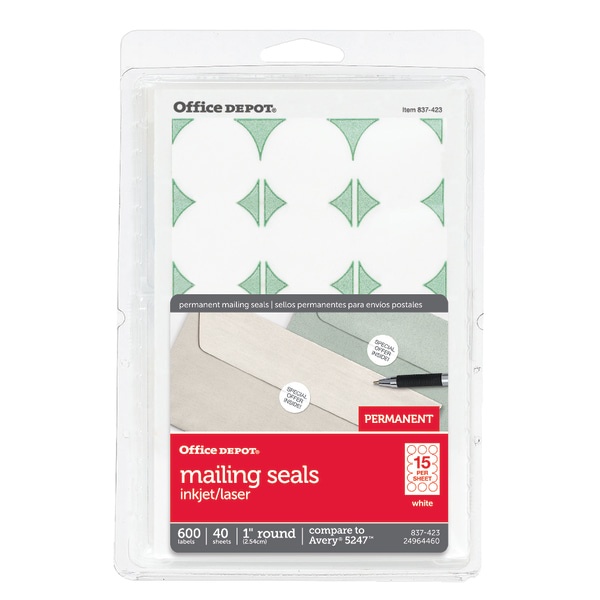 slide 1 of 2, Office Depot Brand Permanent Mailing Seals, 1'' Diameter, White, Pack Of 600, 600 ct