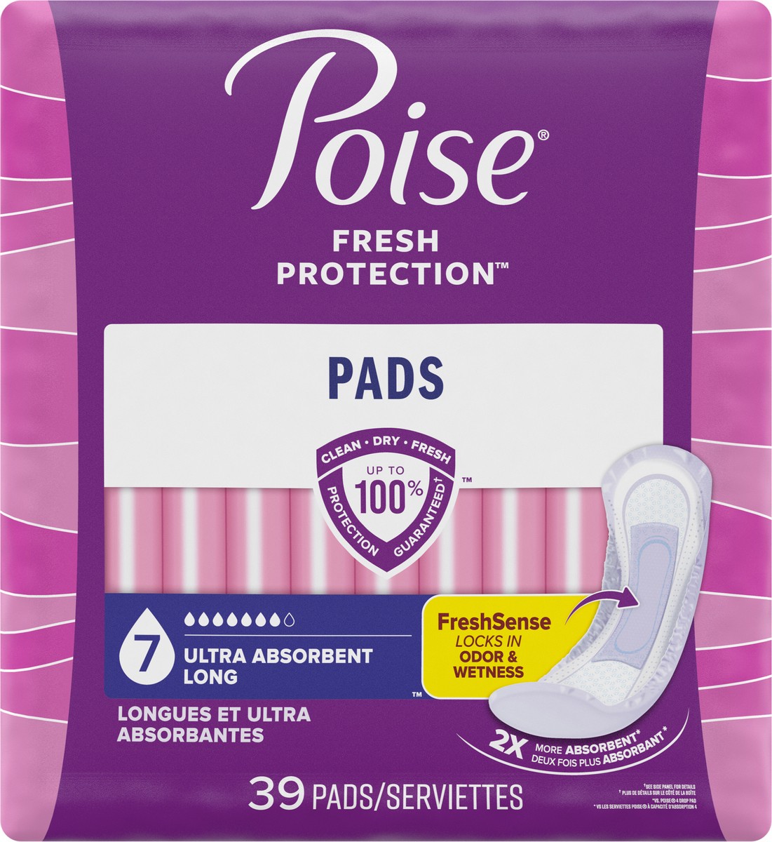 slide 5 of 10, Poise Incontinence & Postpartum Pads for Bladder Leaks, 7 Drop Ultra Absorbency, Long Length, 39 Count, 39 ct