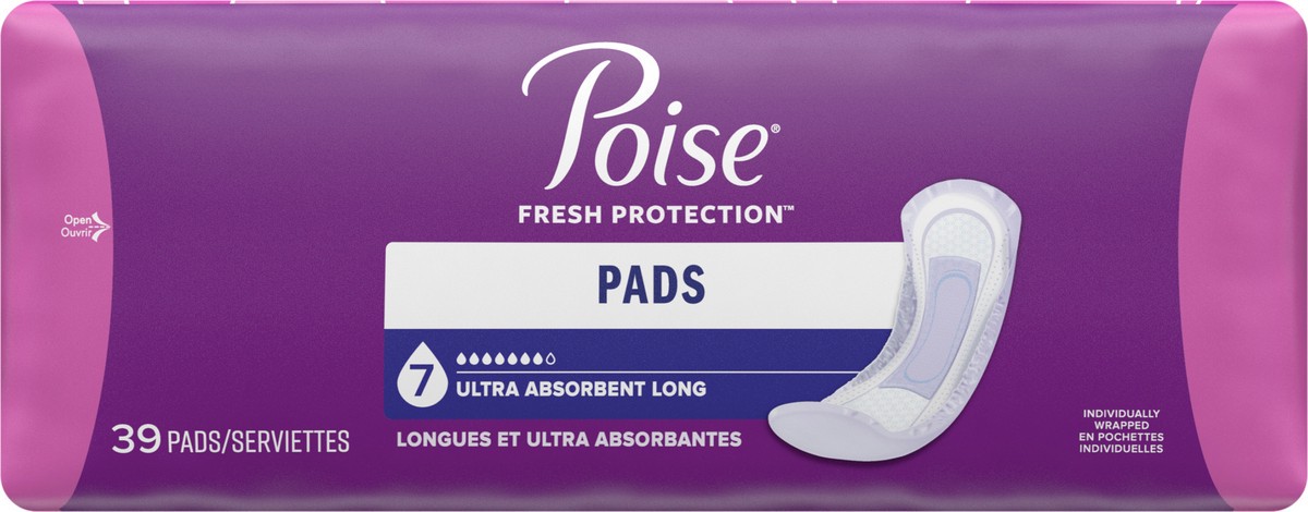 slide 4 of 10, Poise Incontinence & Postpartum Pads for Bladder Leaks, 7 Drop Ultra Absorbency, Long Length, 39 Count, 39 ct