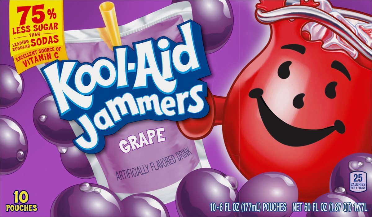 slide 8 of 9, Kool-Aid Jammers Grape Flavored Drink, 10 ct Box, 6 fl oz Pouches, 10 ct