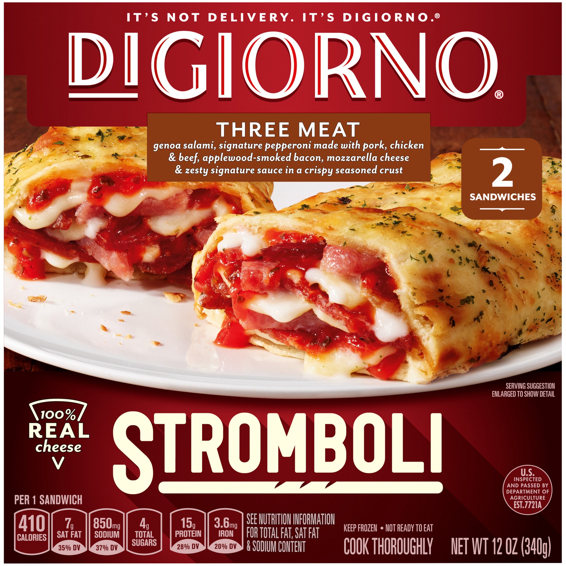 slide 1 of 7, DIGIORNO Frozen Snacks - Stromboli Frozen Three Meat Pizza Snacks - 2 Count 12 oz Frozen Sandwiches, 12 oz