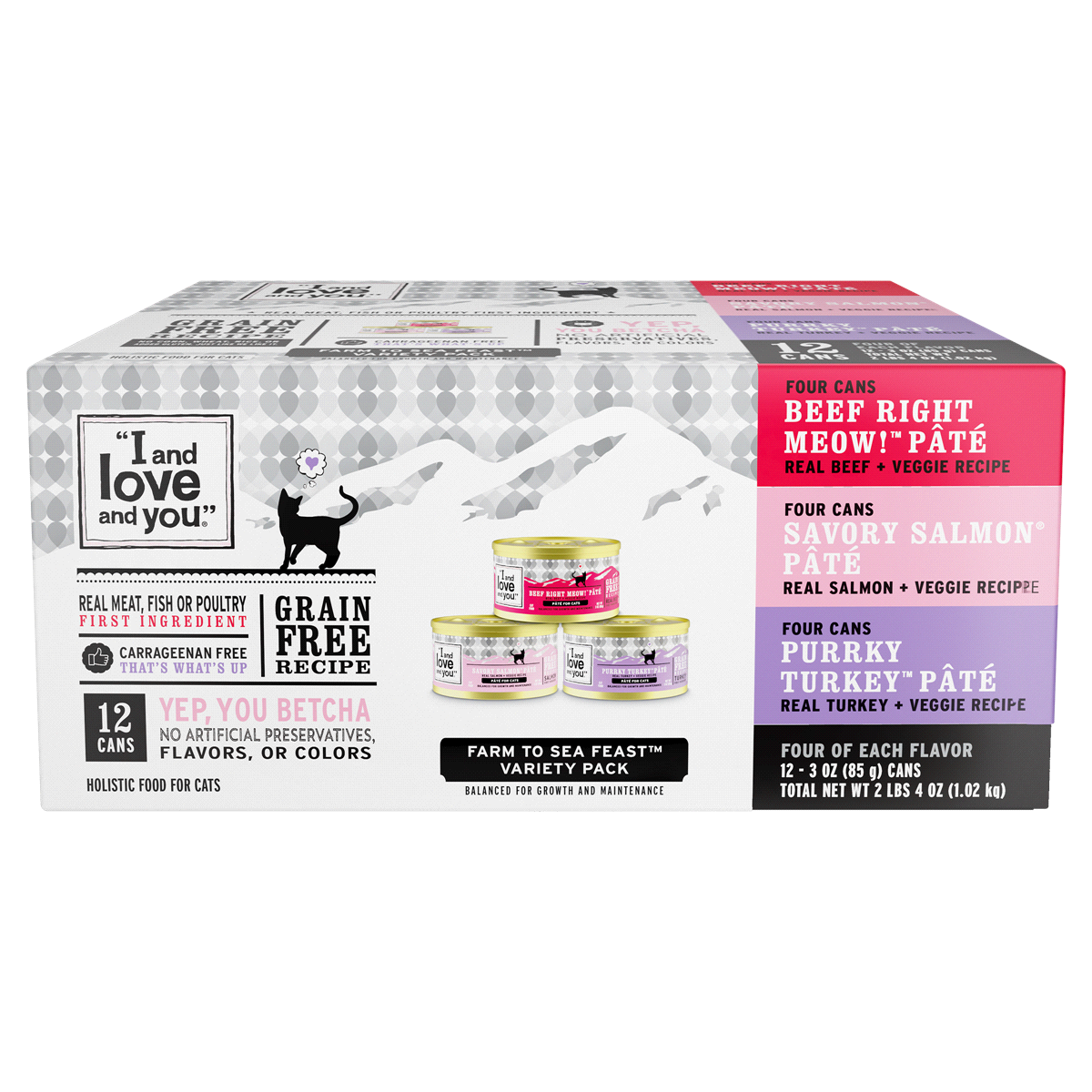 slide 1 of 1, I And Love And You Multipack (Wholly Cow, Savory Salmon, Purrky Turkey) Beef/Fish/Turkey + Veggie Wet Cat Food, 12 ct; 3 oz