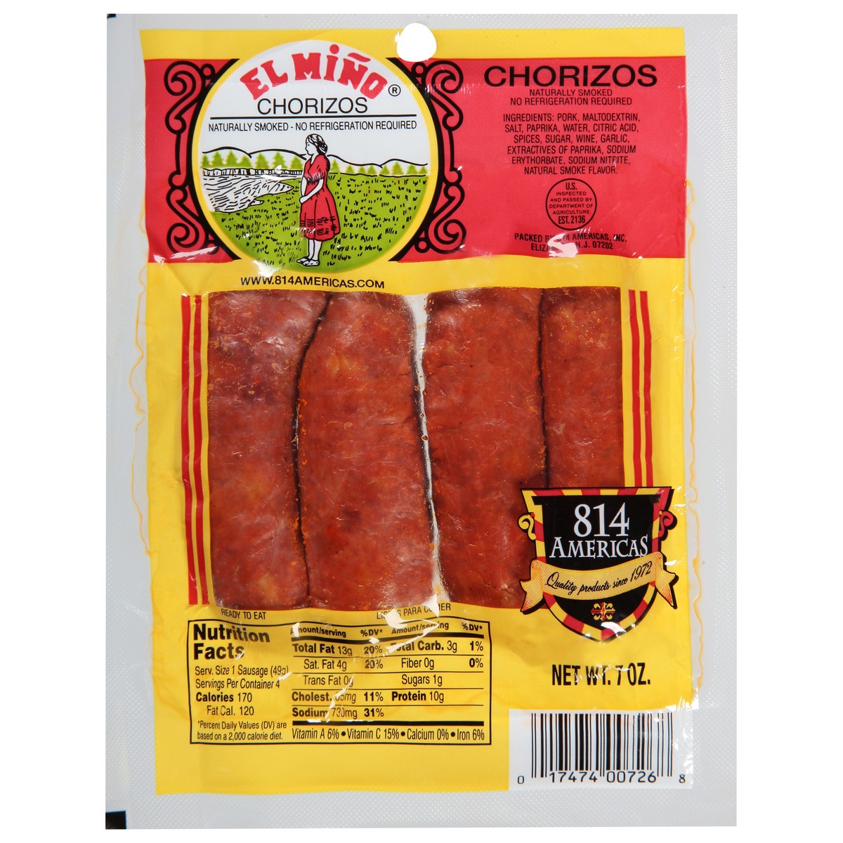 slide 1 of 9, El Miño Chorizos 7 oz, 7 oz