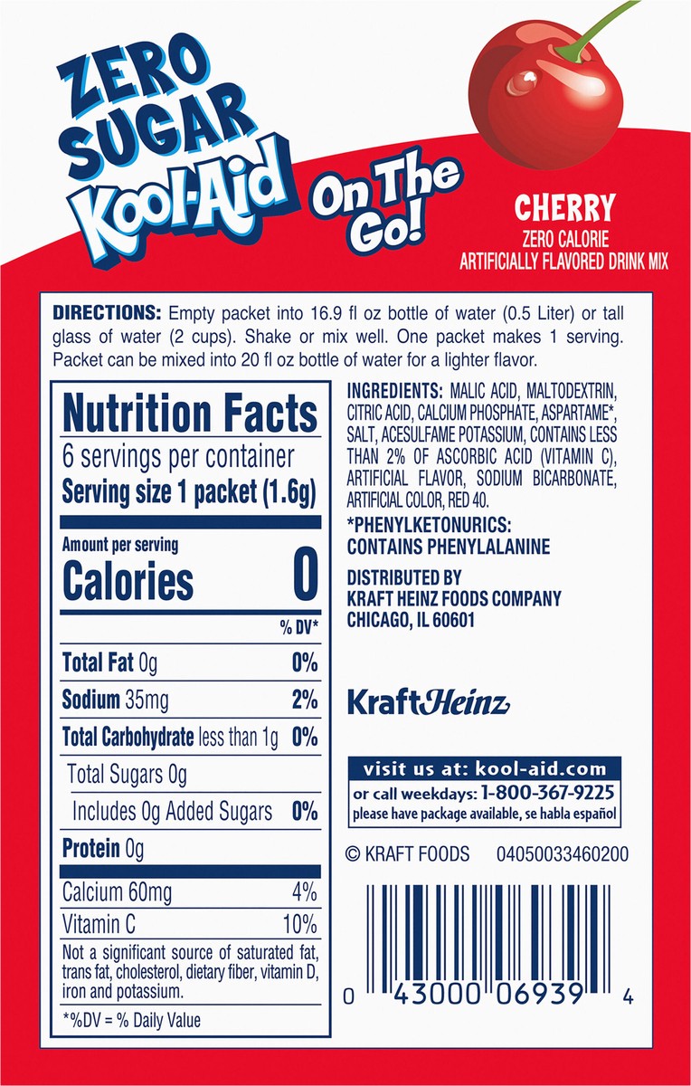 slide 2 of 13, Kool-Aid Cherry Zero Sugar Artificially Flavored Powdered Soft Drink Mix, 6 ct On-the-Go-Packets, 6 ct