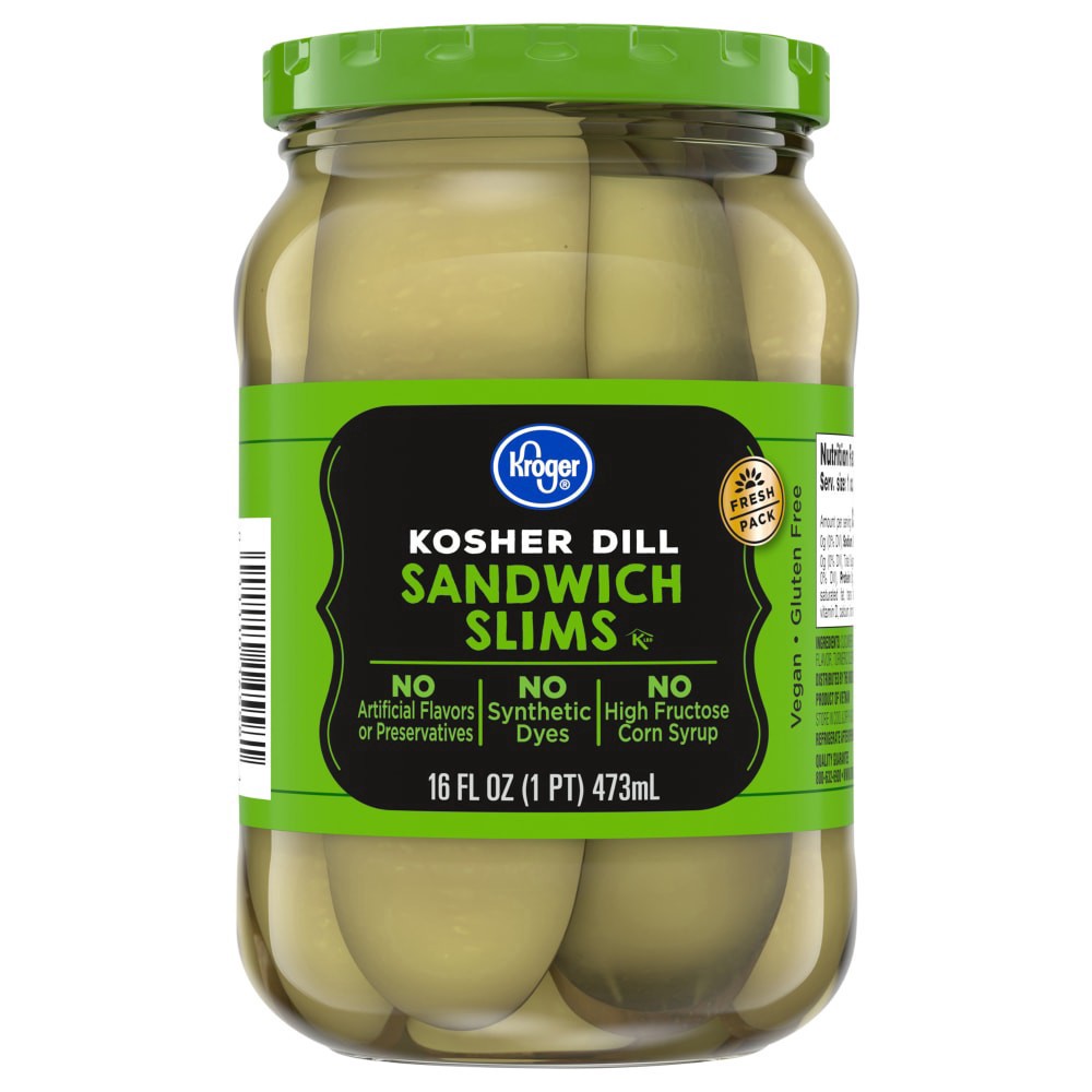 slide 1 of 1, Kroger® Kosher Dill Sandwich Slim Pickles, 16 fl oz