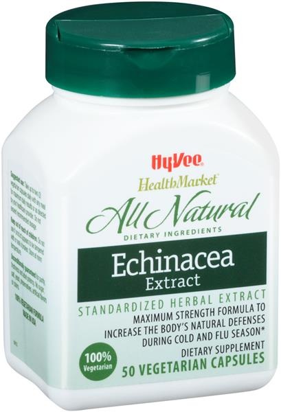 slide 1 of 1, Hy-Vee HealthMarket All Natural Echinacea Extract Dietary Supplement Vegetarian Capsules, 50 ct