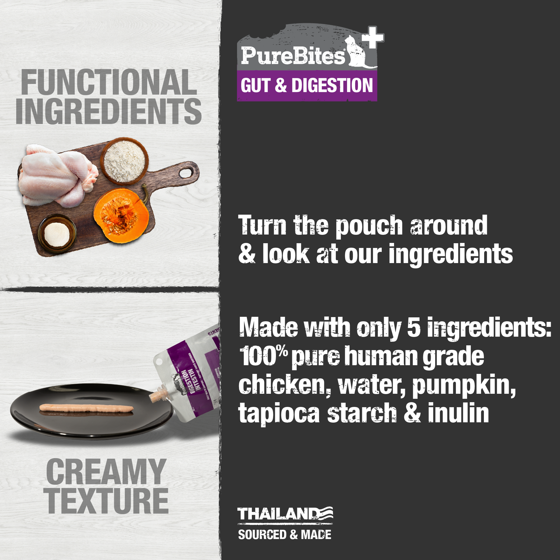 slide 5 of 5, PureBites Plus Squeezables Gut & Digestion Cat Food Topper, 2.5 oz