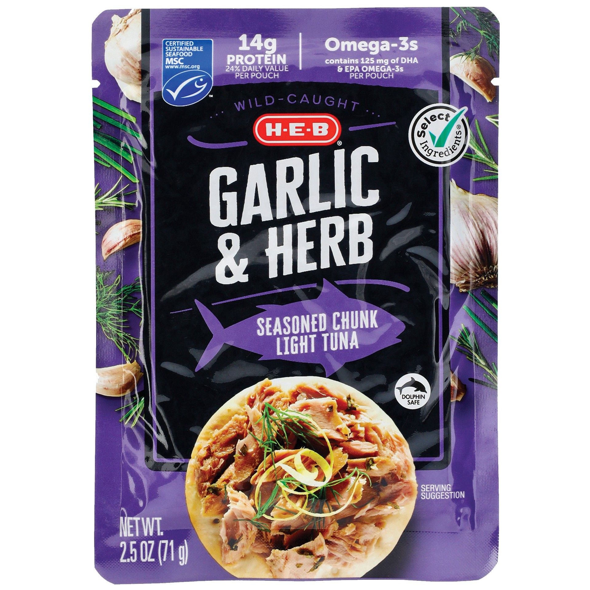 slide 1 of 1, H-E-B Select Ingredients Garlic & Herb Chunk Light Tuna Pouch, 2.5 oz