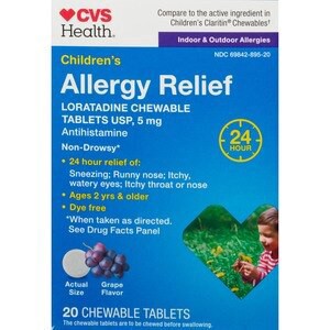 slide 1 of 1, CVS Health Children's Allergy Relief Non-Drowsy Loratadine 5Mg Chewable Tablets Usp, Grape, 20 Ct, 1 ct