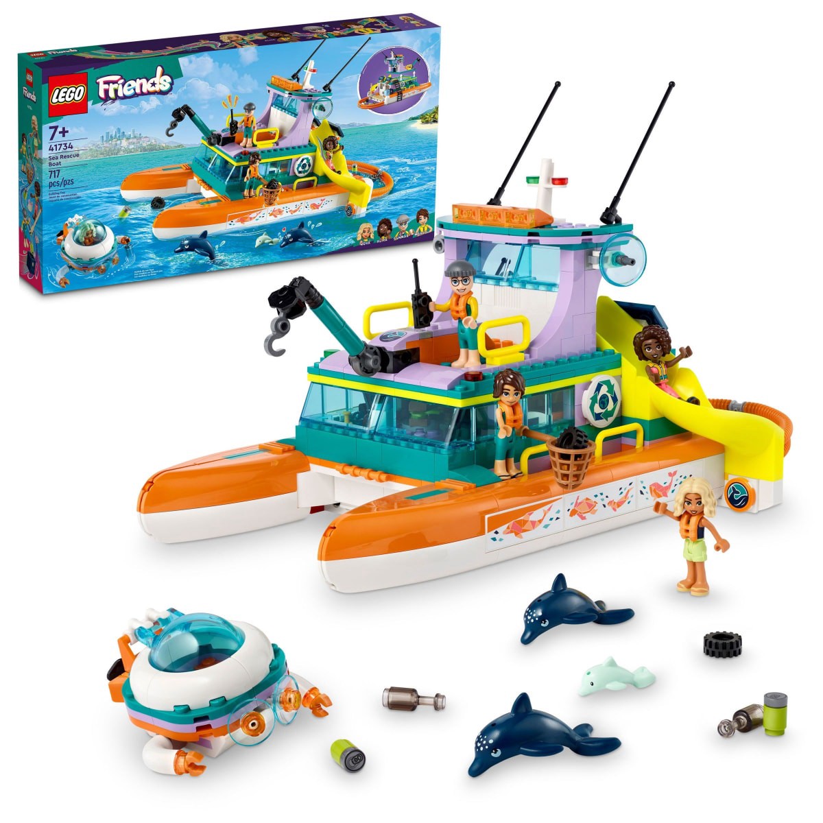 slide 1 of 16, LEGO Friends Sea Rescue Boat Dolphin Building Toy 41734, 1 ct