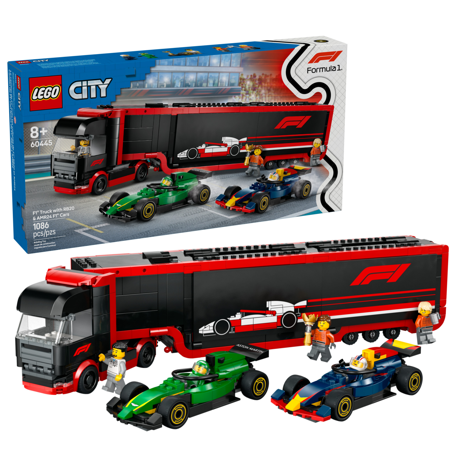 slide 1 of 6, LEGO City F1 Truck with RB20 & AMR24 F1 Car Toys 60445, 1 ct