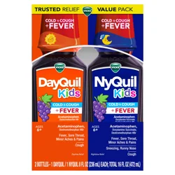 VICKS DayQuil and NyQuil Kids Grape Cold & Cough + Fever Multi-Symptom Relief Liquid Co-Pack, Daytime and Nighttime Cough, Cold, and Fever Relief, Great-Tasting Grape Flavored Medicine, Specially Formulated for Kids Ages 6+, 2x8 OZ