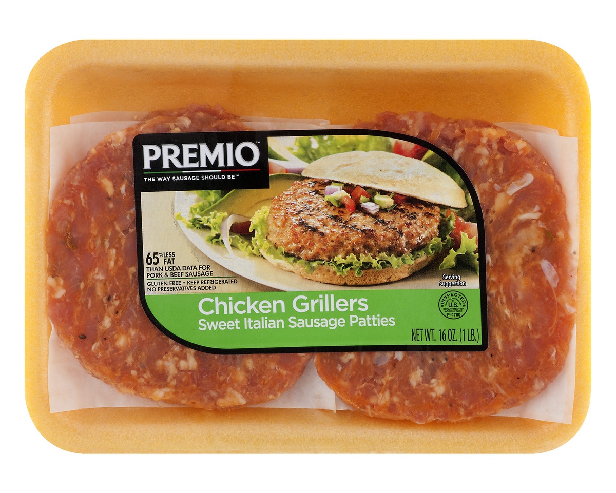 slide 1 of 1, Premio Chicken Grillers Sweet Italian Sausage Patties, 16 oz