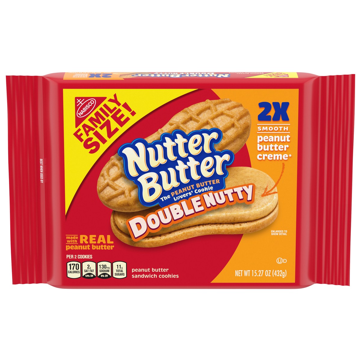 slide 1 of 9, Nutter Butter Double Nutty Peanut Butter Sandwich Cookies, Family Size, 15.27 oz, 15.27 oz