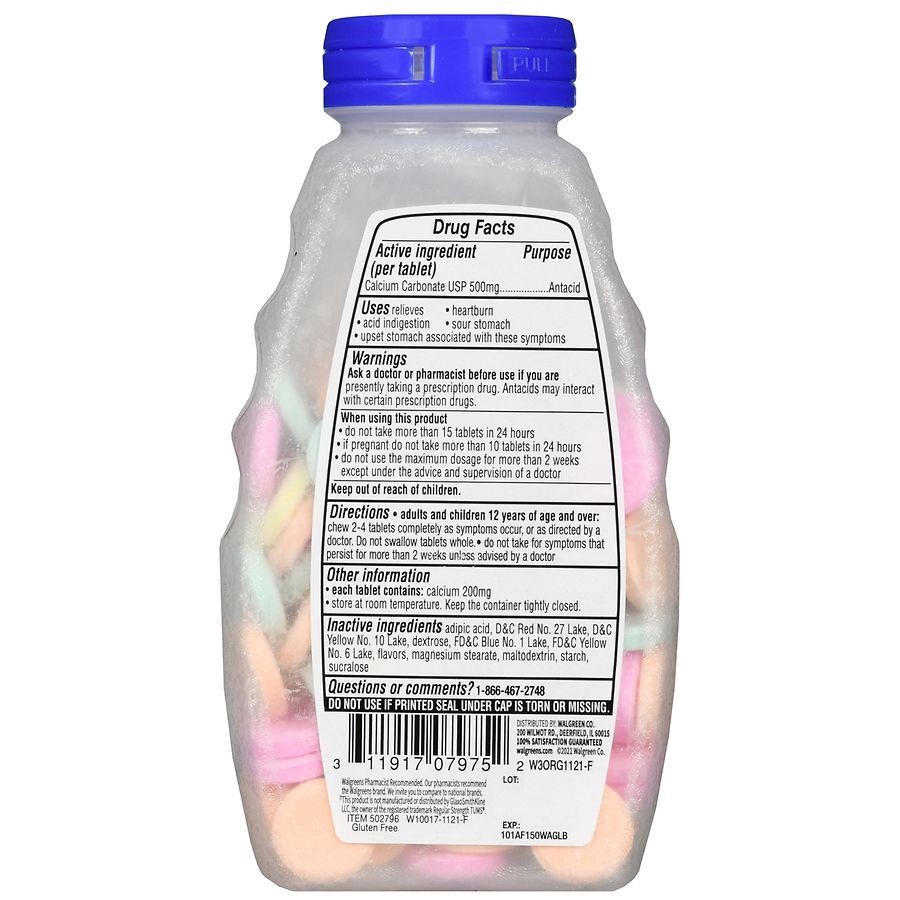 slide 5 of 5, Walgreens Regular Strength Assorted Fruit Flavor Antacid Chewable Tablets 500Mg, 150 ct