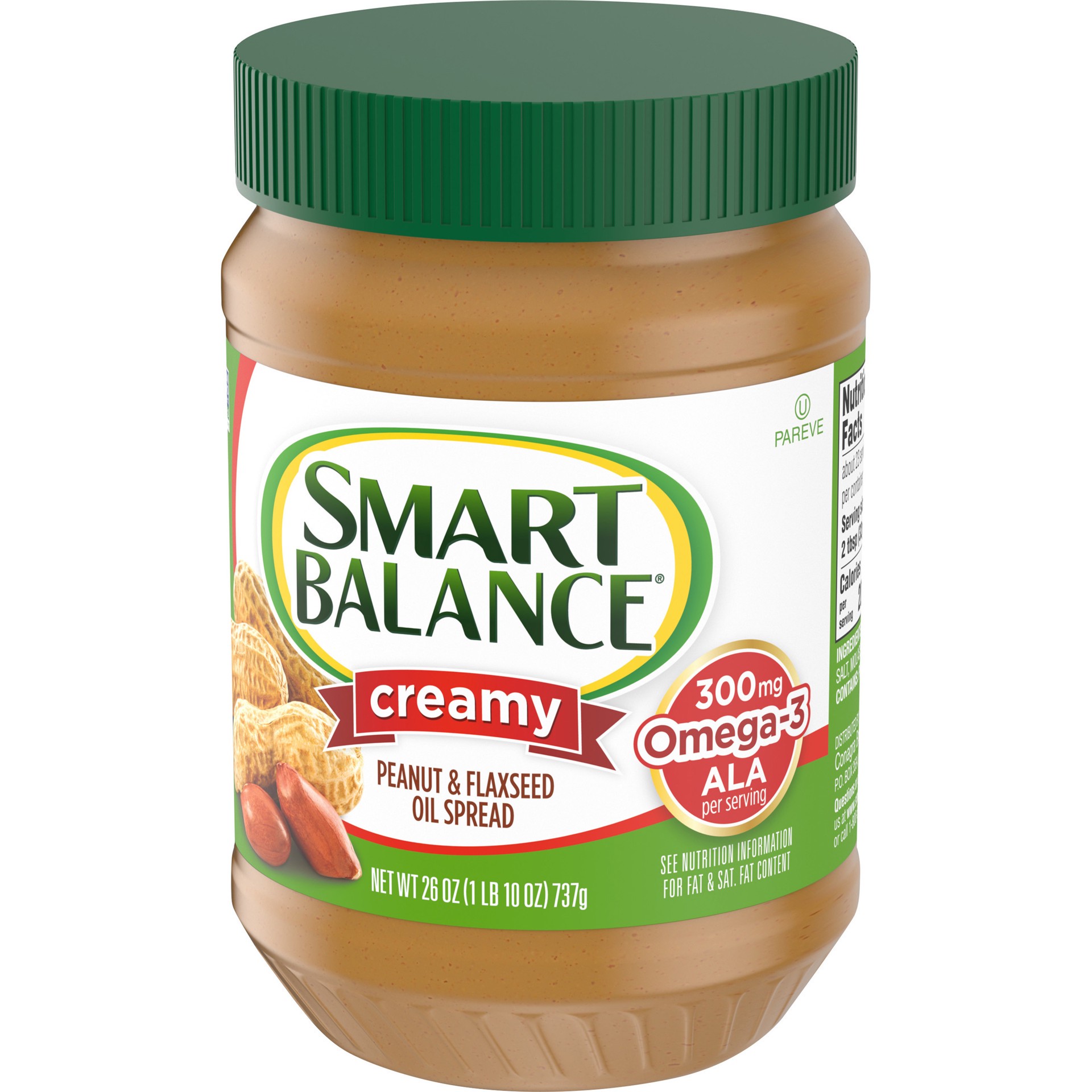 slide 3 of 5, Smart Balance Creamy Peanut & Flaxseed Oil Spread, Peanut Butter Alternative, 26 OZ, 26 oz